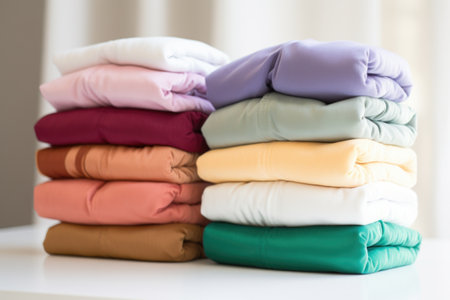 close-up of eco-friendly cloth diapers stacked in various colors, created with generative aiの素材