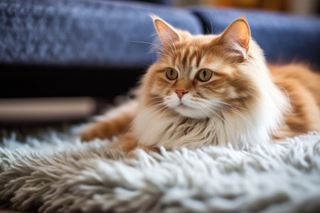 comforting sight of a cat sitting on a soft rug, created with generative aiの素材