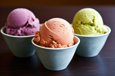 a trio of different-colored ice cream scoops in a bowl, created with generative aiの素材