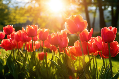 tulips bending towards the sunlight, created with generative aiの素材