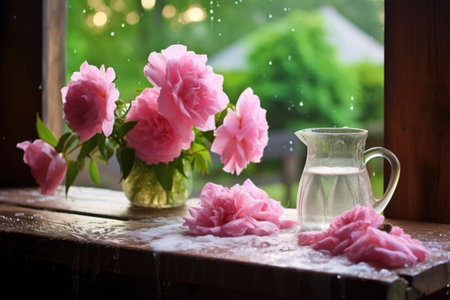 peonies on a wooden table with morning dew, created with generative aiの素材