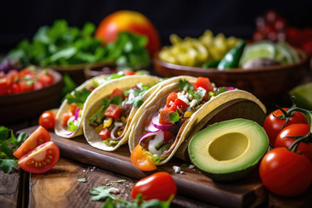 mexican tacos with fresh avocados and tomatoes, created with generative aiの素材