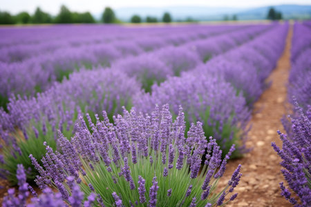 lavender field with rows of purple buds, created with generative aiの素材