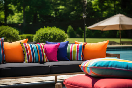 modern outdoor furniture setup with bright cushions, created with generative aiの素材