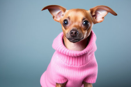 a small dog in an oversized pink sweater, created with generative aiの素材
