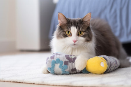 a soft plushie mitten cat toy on a cat bed, created with generative aiの素材