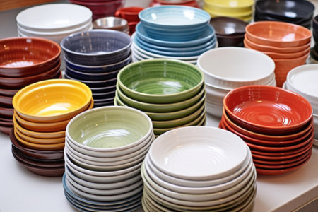 array of finished glazed porcelain dishes on a countertop, created with generative aiの素材