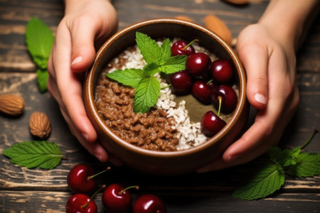 hand meticulously places mint leaves on chocolate porridge with cherries, created with generative aiの素材