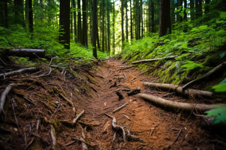 a trail of mountain bike on a forest floor, created with generative aiの素材