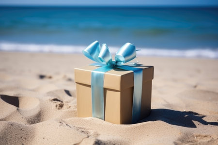 gift box in the sand at the beach, created with generative aiの素材