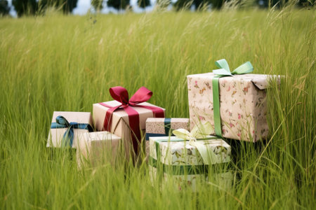 gifts hidden in a thick grass field, created with generative aiの素材