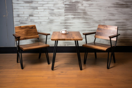 two cups of coffee on a table with two empty chairs, created with generative aiの素材