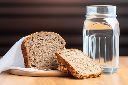 a close-up of bottled water near a slice of whole-grain bread, created with generative aiの素材