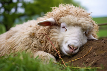 a wooly sheep resting in a green pasture, closed eyes, created with generative aiの素材