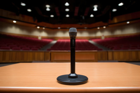 microphone on a podium in an empty lecture hall, created with generative aiの素材