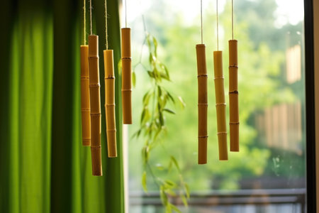 bamboo wind chimes hanging near a window, created with generative aiの素材