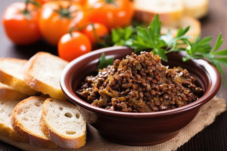serving tapenade in a bowl accompanied by an assortment of bread, created with generative aiの素材