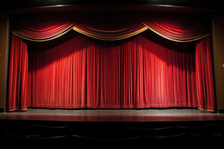 theater stage curtains closed under bright spotlight, created with generative aiの素材