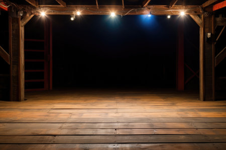 empty stage with old wooden floorboards under dim light, created with generative aiの素材