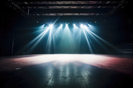 empty theater stage illuminated by spotlights, created with generative aiの素材