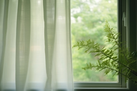 a wide open window with sheer curtains rustling in the breeze, created with generative aiの素材