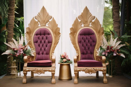 empty throne-like chairs for bride and groom, created with generative aiの素材
