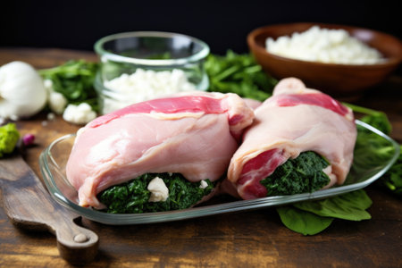 raw chicken being stuffed with spinach and feta cheese, created with generative aiの素材