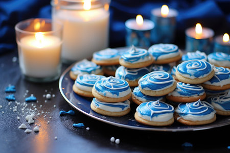 hanukkah cookies with blue and white frosting, created with generative aiの素材