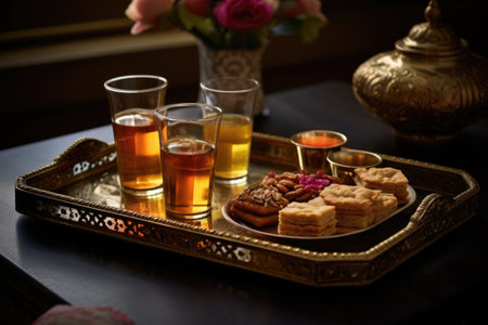 jaggery tea service on a brass tray and diwali decor, created with generative aiの素材