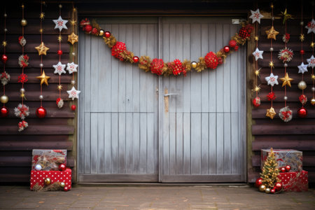 festive decorations on a barn door, created with generative aiの素材