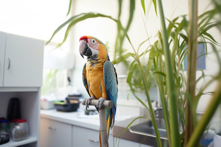 therapy parrot perched on an indoor plant in a clinic, created with generative aiの素材