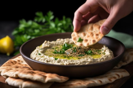 hand spreading the baba ganoush on warm pita using a knife, created with generative aiの素材