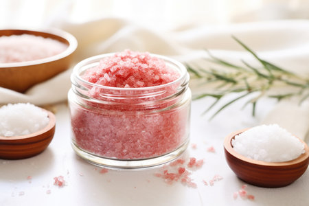 relaxing bath salts poured into a clear glass jar by the tub, created with generative aiの素材