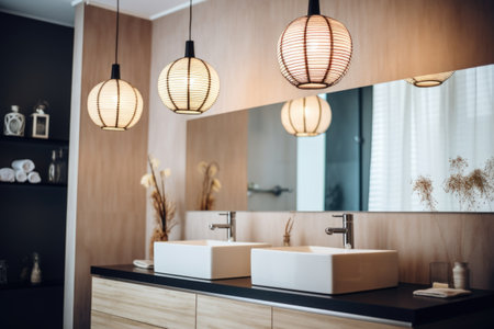 stylish light fixtures in modern bathroom, created with generative aiの素材