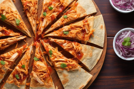 overhead shot of bbq jackfruit quesadilla slices, created with generative aiの素材