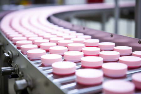 conveyor belt with birth control pills in a manufacturing facility, created with generative aiの素材