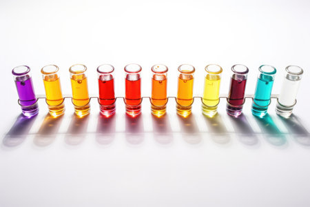 multiple vials with a colorful liquid setup diagonally across a white surface, created with generative aiの素材