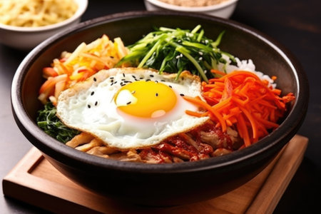plate of korean bibimbap with egg and mixed vegetables, created with generative aiの素材