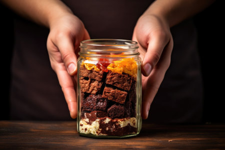 hand holding a glass jar filled with a deconstructed brownie sundae, created with generative aiの素材