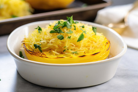 a single serving of roasted spaghetti squash in a baking dish, created with generative aiの素材
