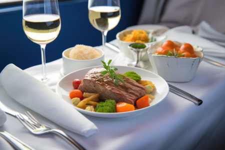 gourmet meal showcased on a business class airliner table, created with generative aiの素材