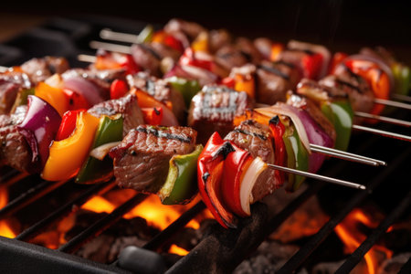 grilled meat skewers with bell peppers and onions, created with generative aiの素材