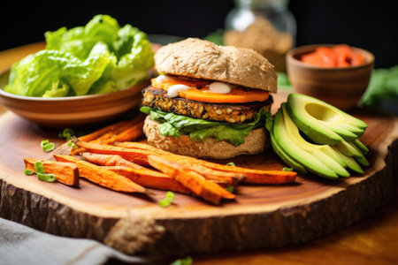 vegan burger with avocado and sweet potato fries, created with generative aiの素材