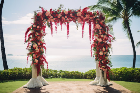 lavishly decorated ceremonial arch outdoors, created with generative aiの素材