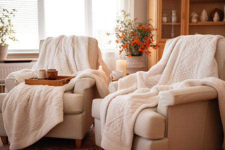 a soft blanket spread over two comfortable armchairs, created with generative aiの素材