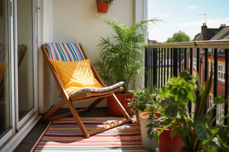 balcony with single deck chair and plant pot, created with generative aiの素材