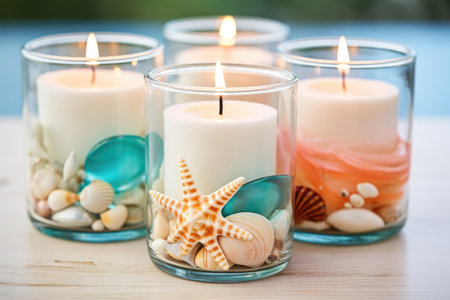 diy seashell candles in glass containers, created with generative aiの素材