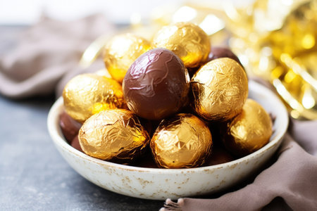 chocolate easter eggs with gold foil wrapping, created with generative aiの素材