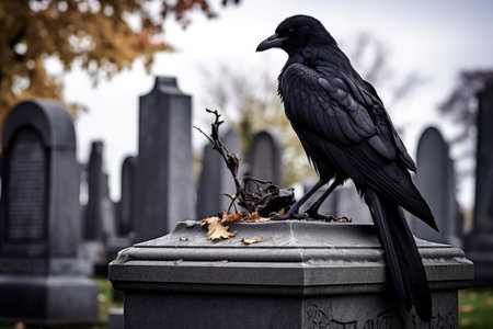a lone raven sitting on a stone monument in a cemetery, created with generative aiの素材