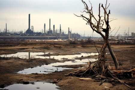 dead tree in industrial pollution, with factories in background, created with generative ai